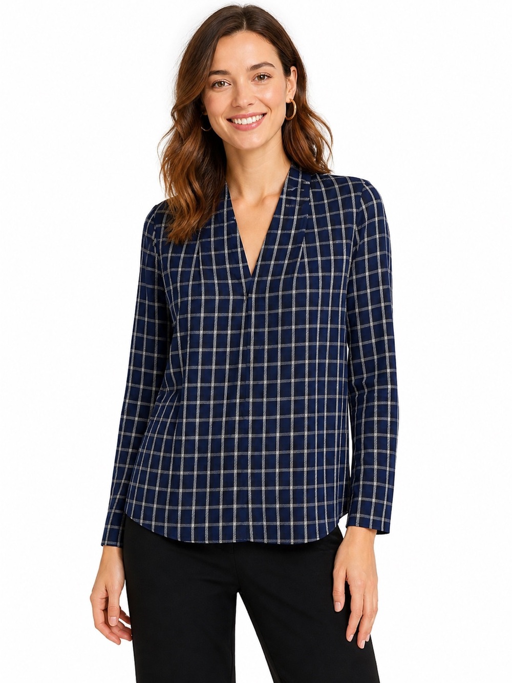 Aritzia Babaton Power Blouse Small S Navy Blue Cream Check Plaid V-Neck Career